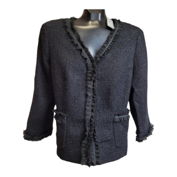 Talbots Tweed wool Boucle Jacket black sparkly lace ruffle fray trim Women's 12 - Picture 7 of 16
